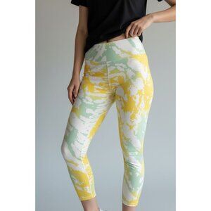 Fabletics Womens High-Waisted Printed Leggings Size L Yellow & Mint Abstract Des